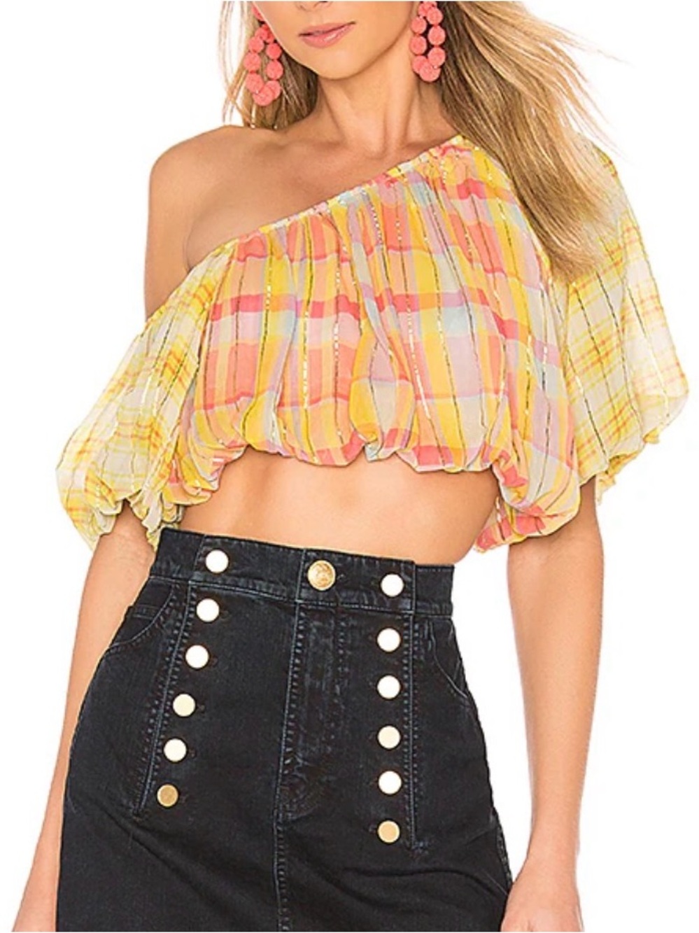 HEMANT AND NANDITA Madrasi One-Shoulder Mulit color Yellow Plaid Crop Top Size S